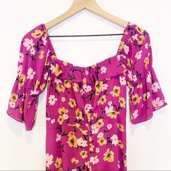 Flynn Skye Berry Floral Kiss Off Shoulder Short Smocked Sleeve Maxi Dress Small - Picture 6 of 10